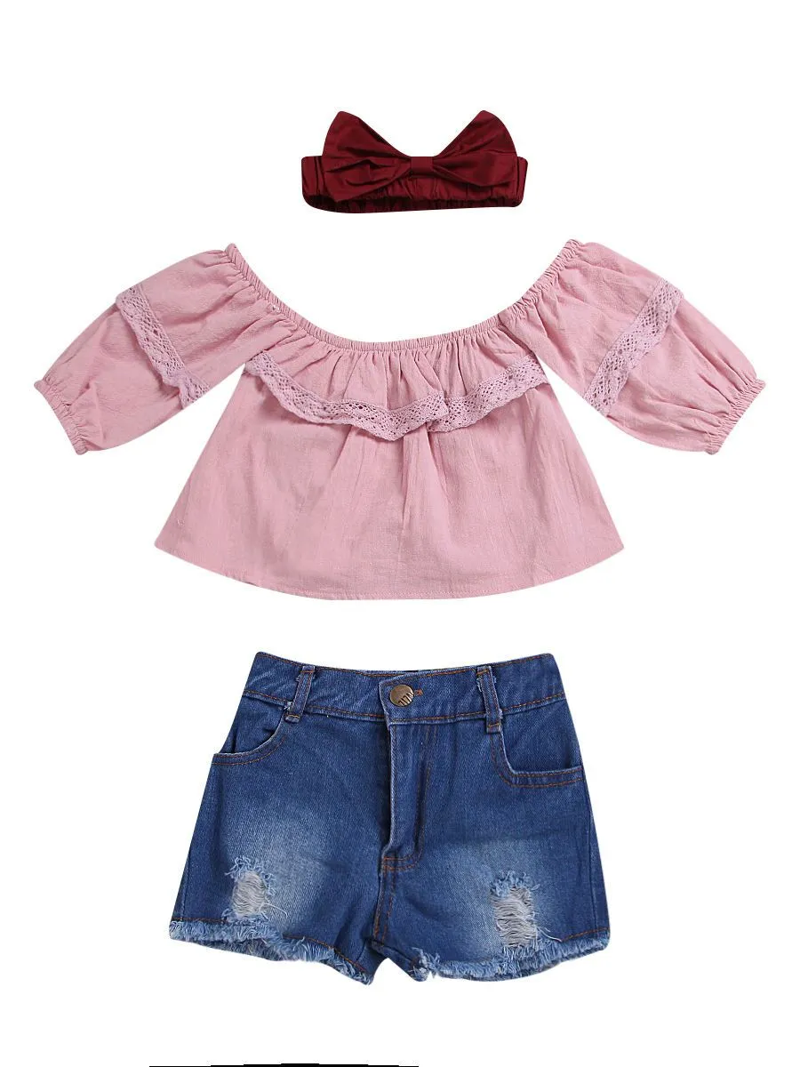 3-piece Casual Clothes Outfits Set Pink Lace-trimmed Shirt Top  Fringe Hem Ripped Denim Shorts Red Bow Headband