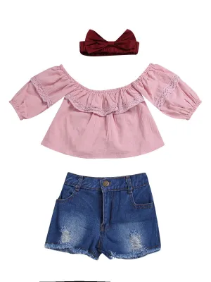 3-piece Casual Clothes Outfits Set Pink Lace-trimmed Shirt Top  Fringe Hem Ripped Denim Shorts Red Bow Headband