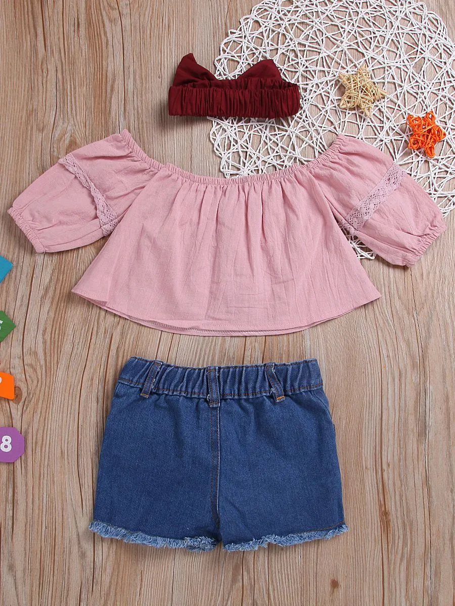 3-piece Casual Clothes Outfits Set Pink Lace-trimmed Shirt Top  Fringe Hem Ripped Denim Shorts Red Bow Headband