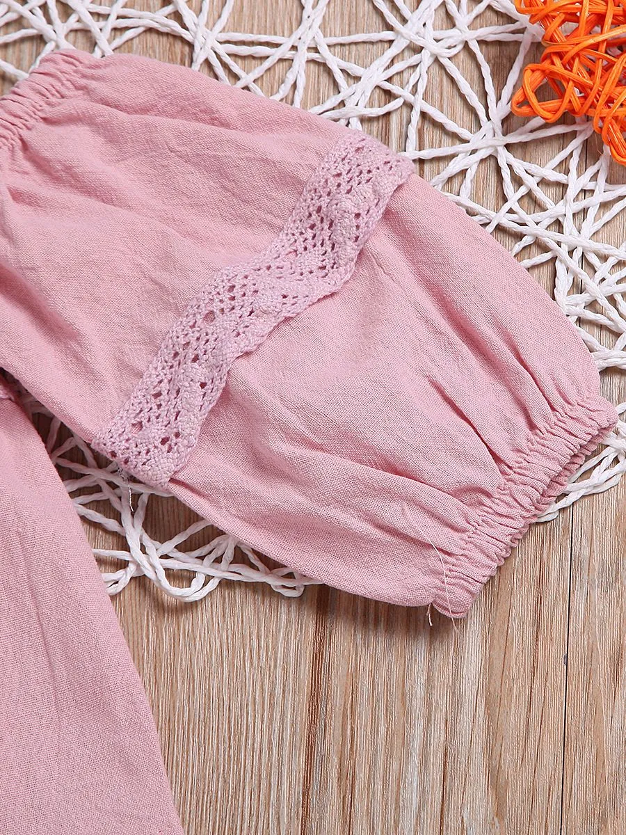 3-piece Casual Clothes Outfits Set Pink Lace-trimmed Shirt Top  Fringe Hem Ripped Denim Shorts Red Bow Headband