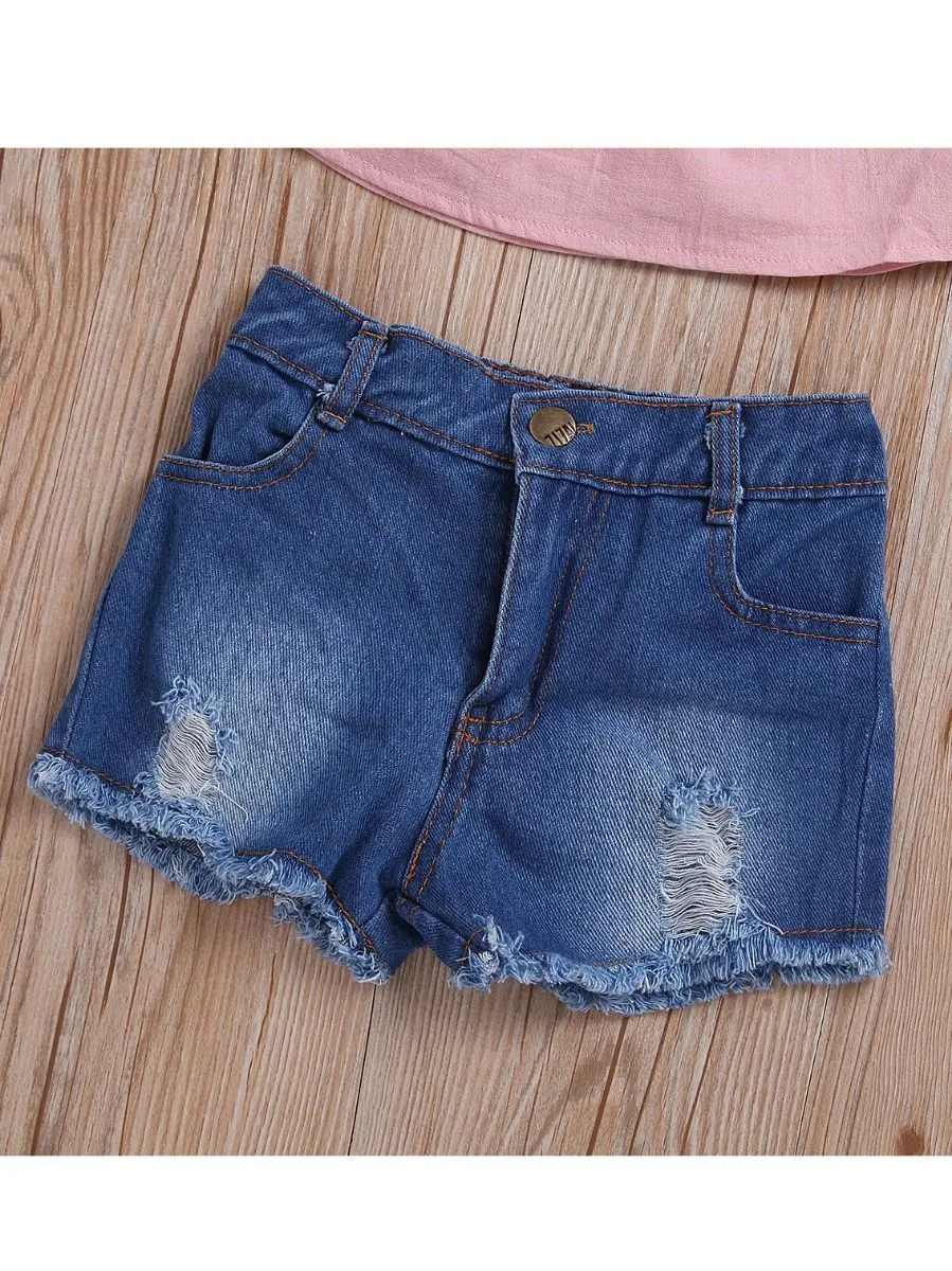 3-piece Casual Clothes Outfits Set Pink Lace-trimmed Shirt Top  Fringe Hem Ripped Denim Shorts Red Bow Headband