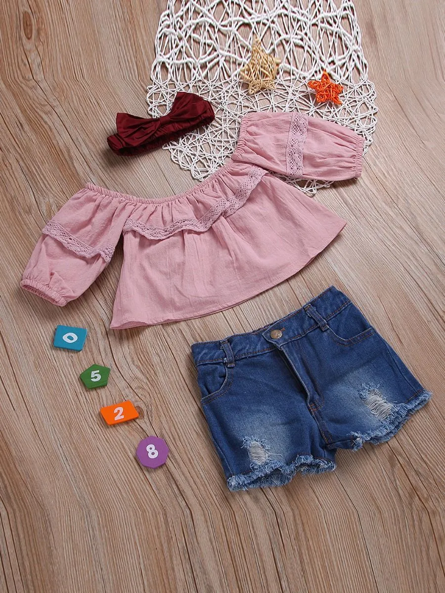 3-piece Casual Clothes Outfits Set Pink Lace-trimmed Shirt Top  Fringe Hem Ripped Denim Shorts Red Bow Headband