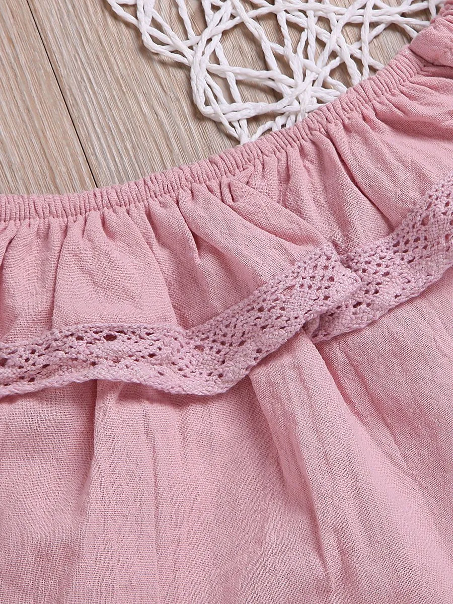 3-piece Casual Clothes Outfits Set Pink Lace-trimmed Shirt Top  Fringe Hem Ripped Denim Shorts Red Bow Headband