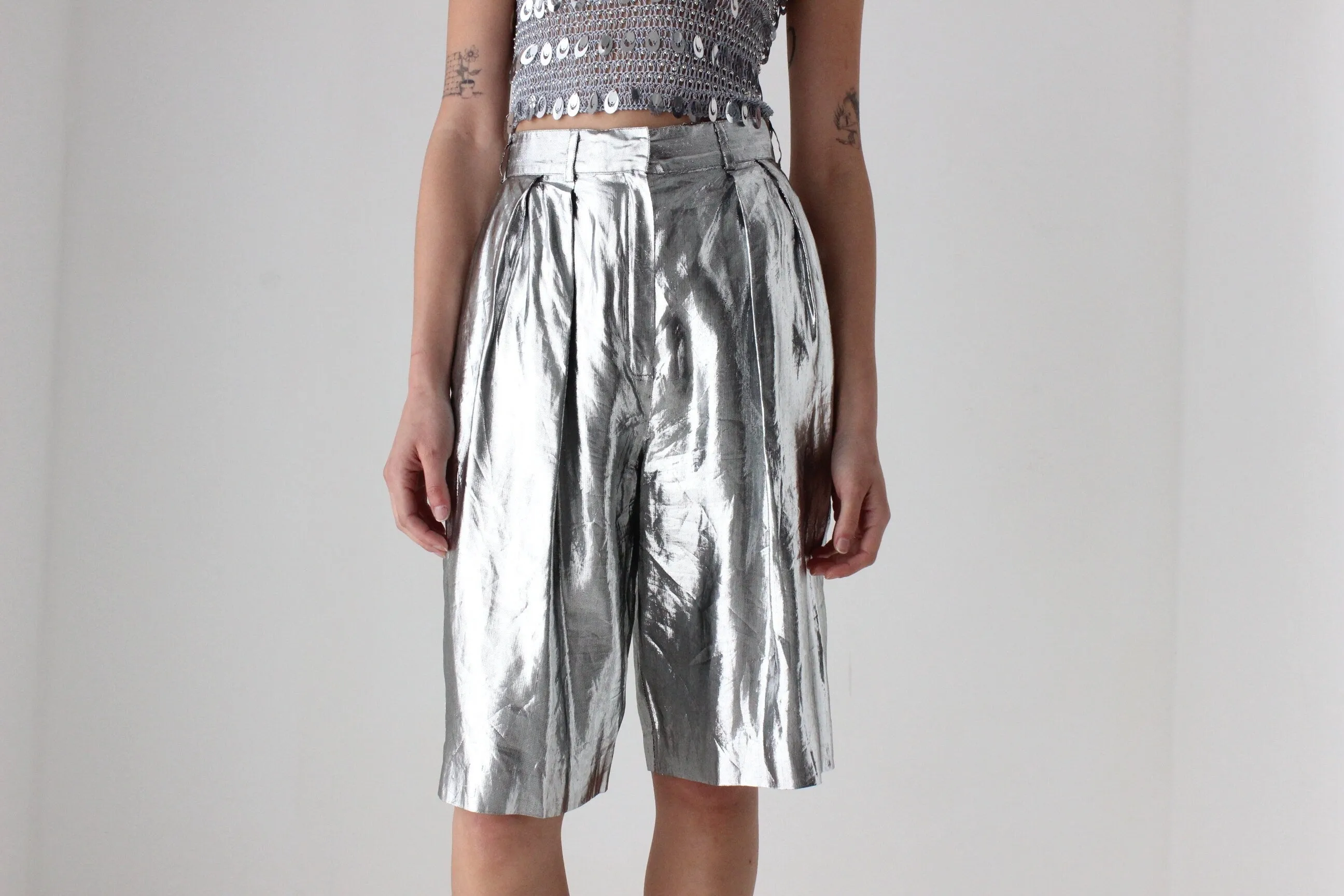 80s Silver Lamé Metallic Foil Long Line Pleated Shorts by Heléne Sidel