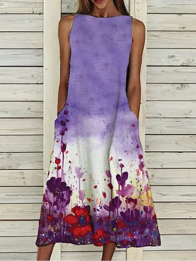 A Line Dress Midi Dress Sleeveless Floral Pocket Cold Shoulder Print Spring Summer Round Neck Casual Vintage Going out  S M L XL XXL Cotton for Women