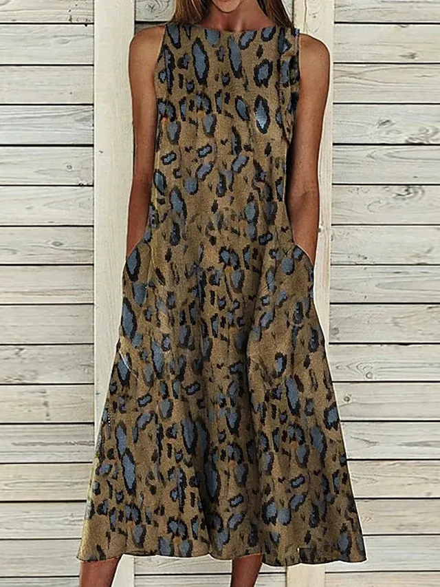 A Line Dress Midi Dress Sleeveless Floral Pocket Cold Shoulder Print Spring Summer Round Neck Casual Vintage Going out  S M L XL XXL Cotton for Women