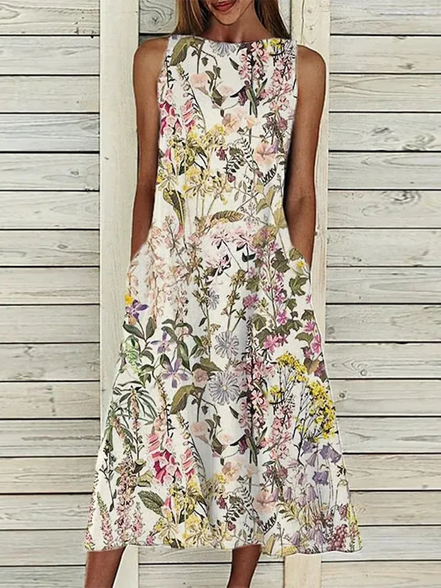 A Line Dress Midi Dress Sleeveless Floral Pocket Cold Shoulder Print Spring Summer Round Neck Casual Vintage Going out  S M L XL XXL Cotton for Women