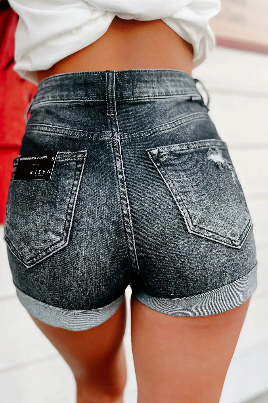 Around Town High Rise Risen Button-Fly Rolled Hem Shorts (Black)