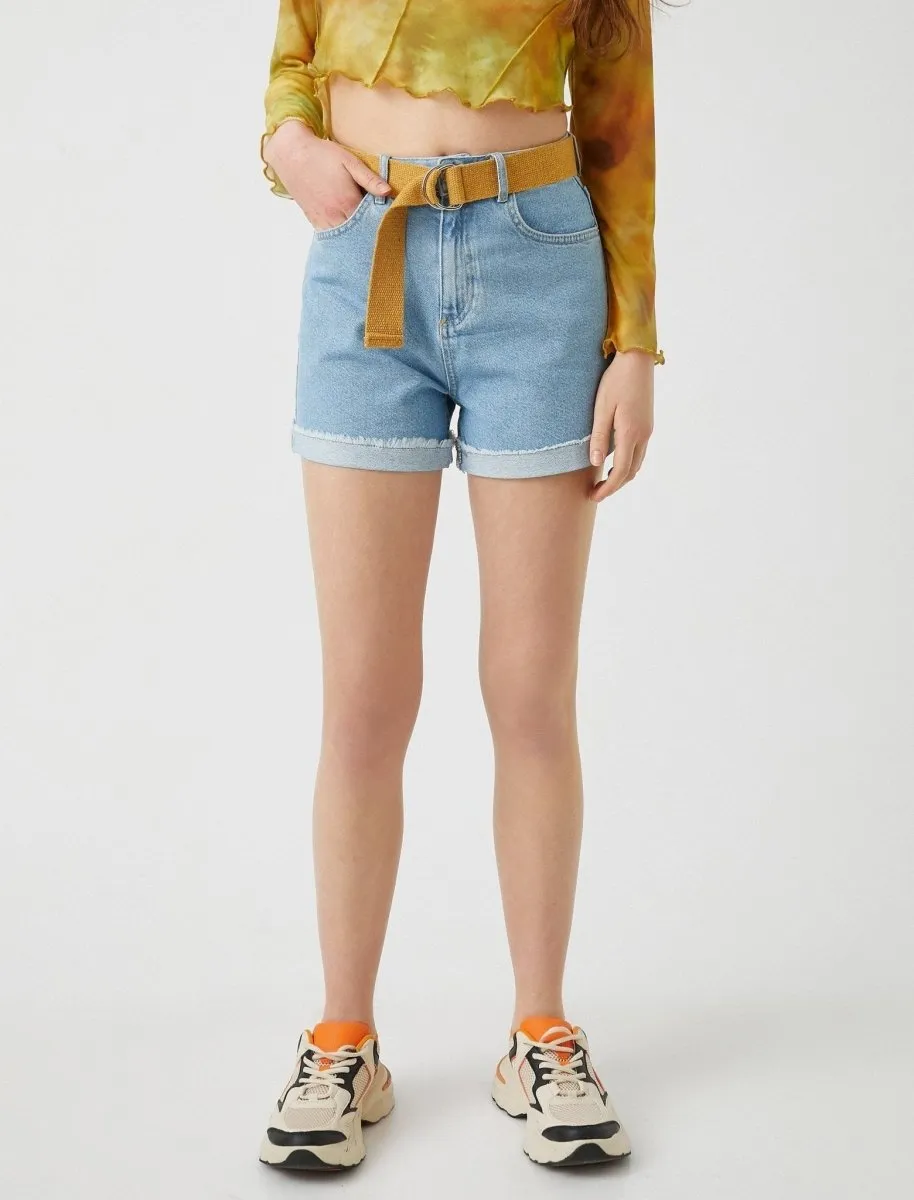 Belted Roll Up Denim Shorts in Light Wash