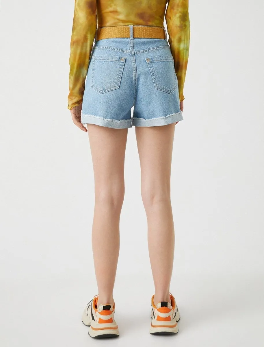 Belted Roll Up Denim Shorts in Light Wash