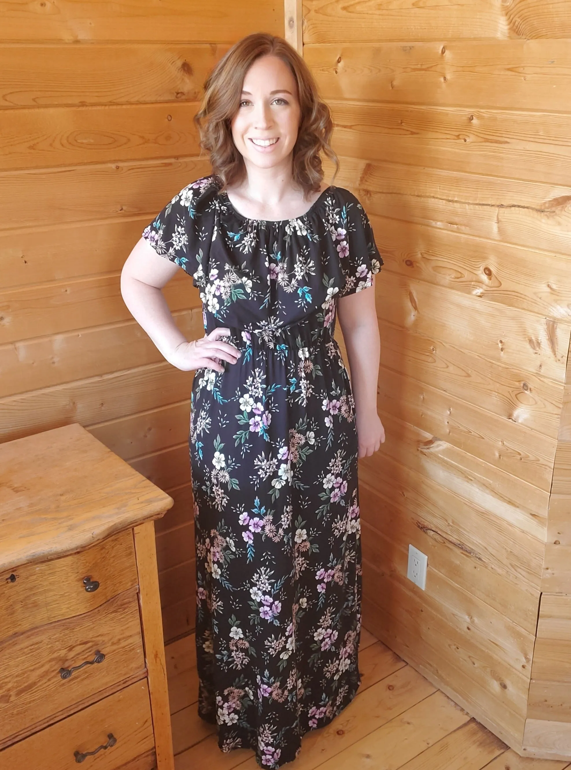 Black Floral Print Off-Shoulder Maxi Dress with Pockets