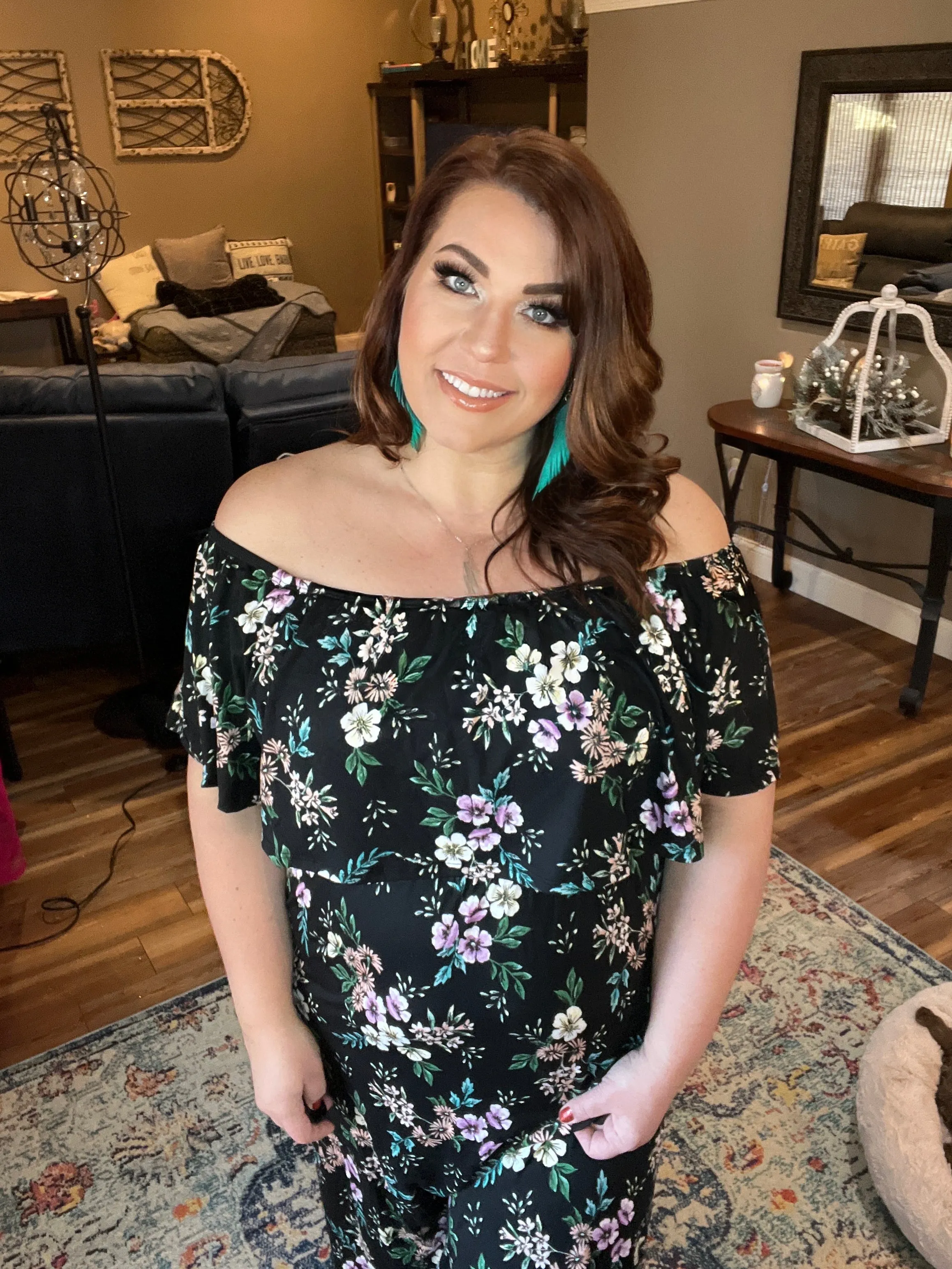 Black Floral Print Off-Shoulder Maxi Dress with Pockets