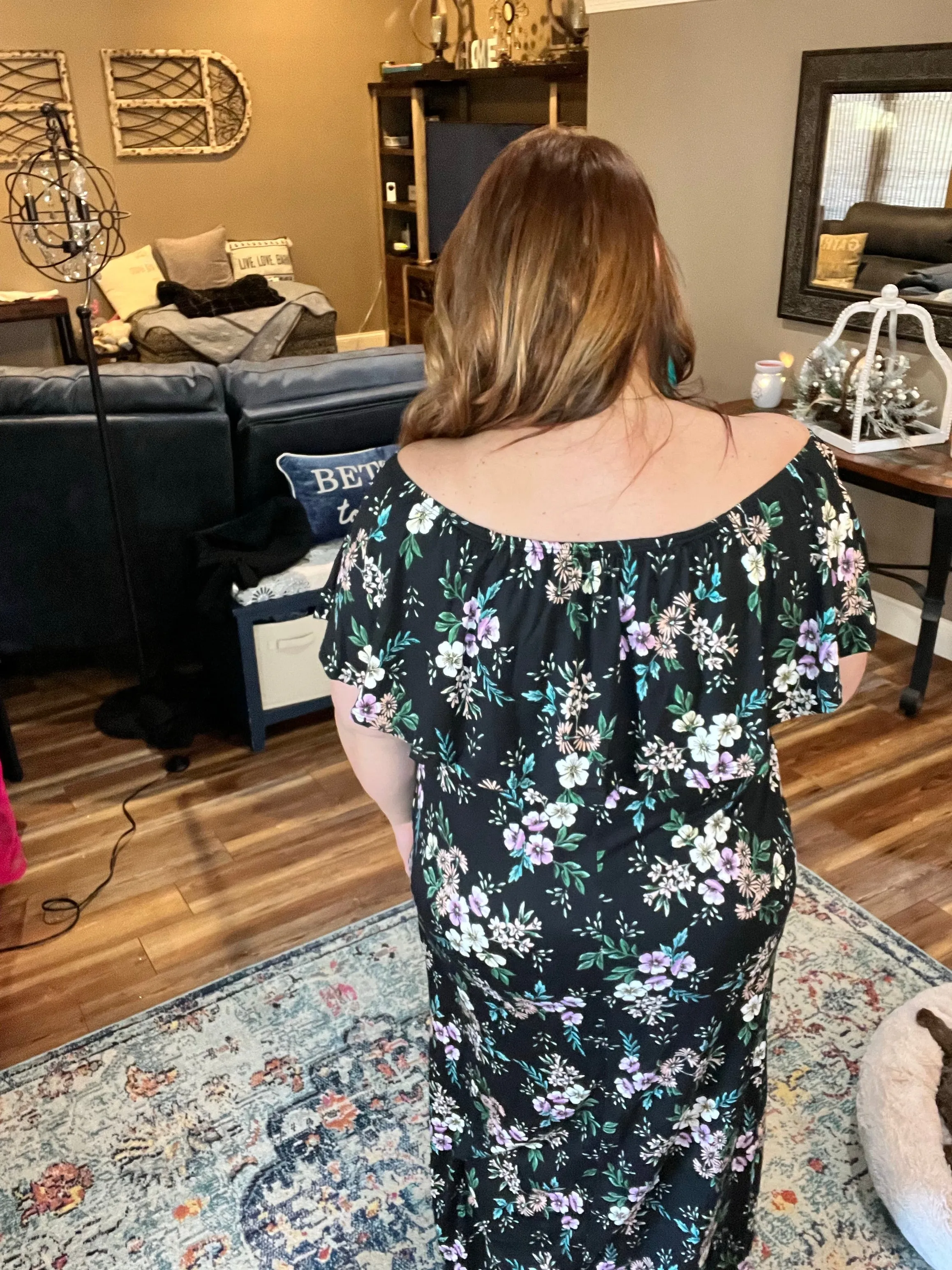 Black Floral Print Off-Shoulder Maxi Dress with Pockets