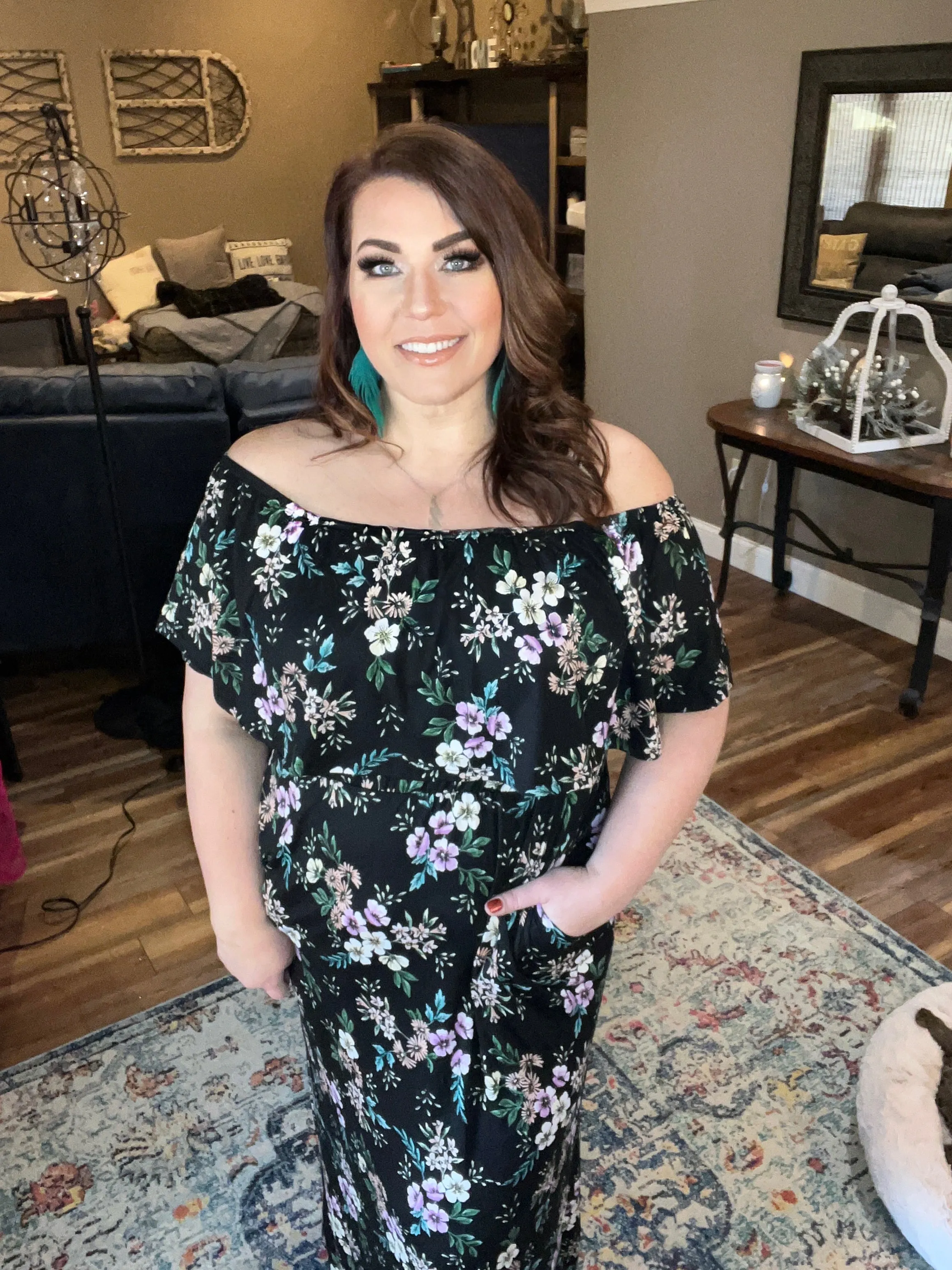 Black Floral Print Off-Shoulder Maxi Dress with Pockets