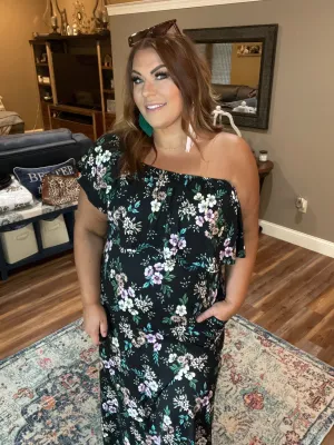 Black Floral Print Off-Shoulder Maxi Dress with Pockets