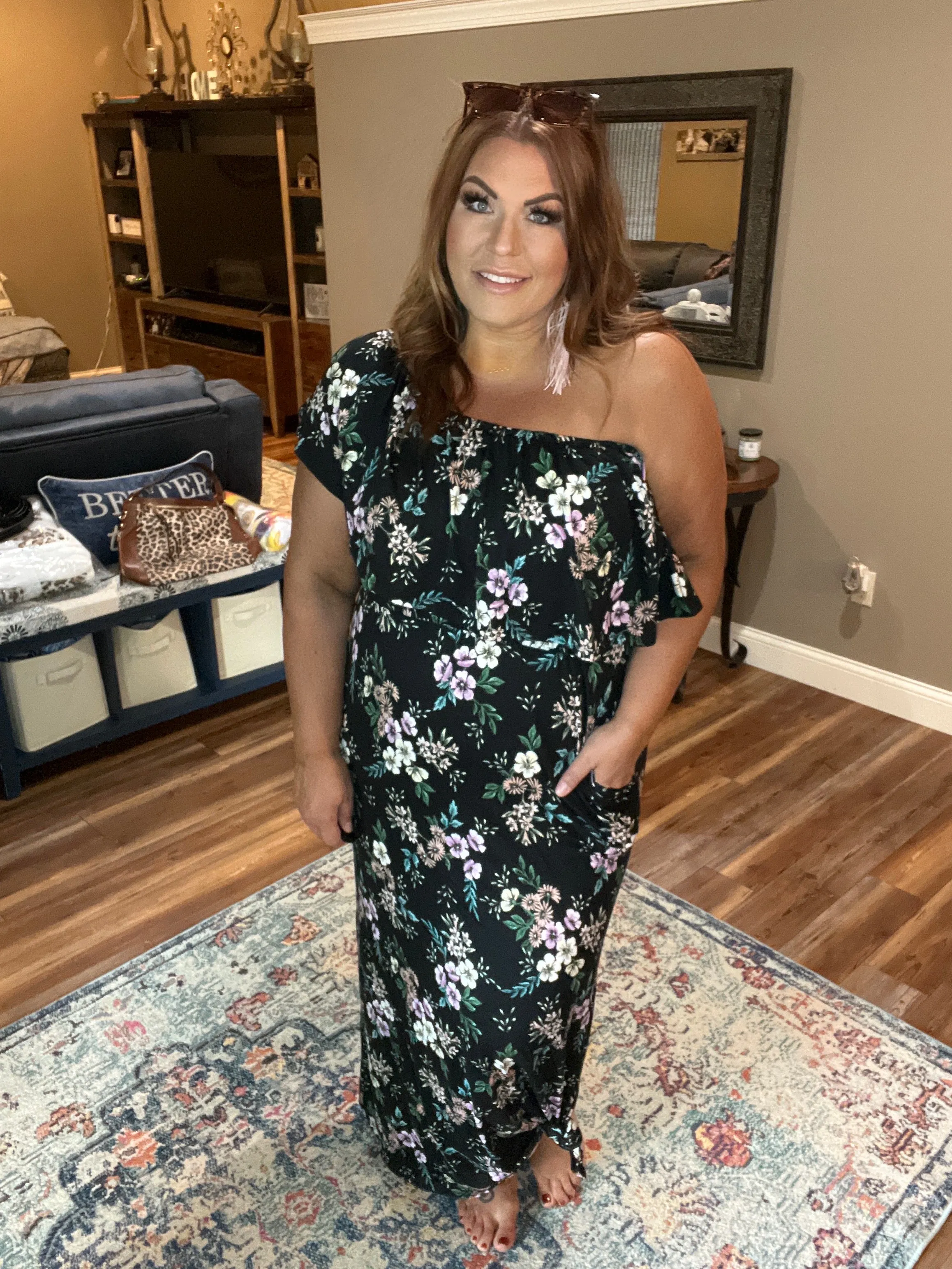 Black Floral Print Off-Shoulder Maxi Dress with Pockets