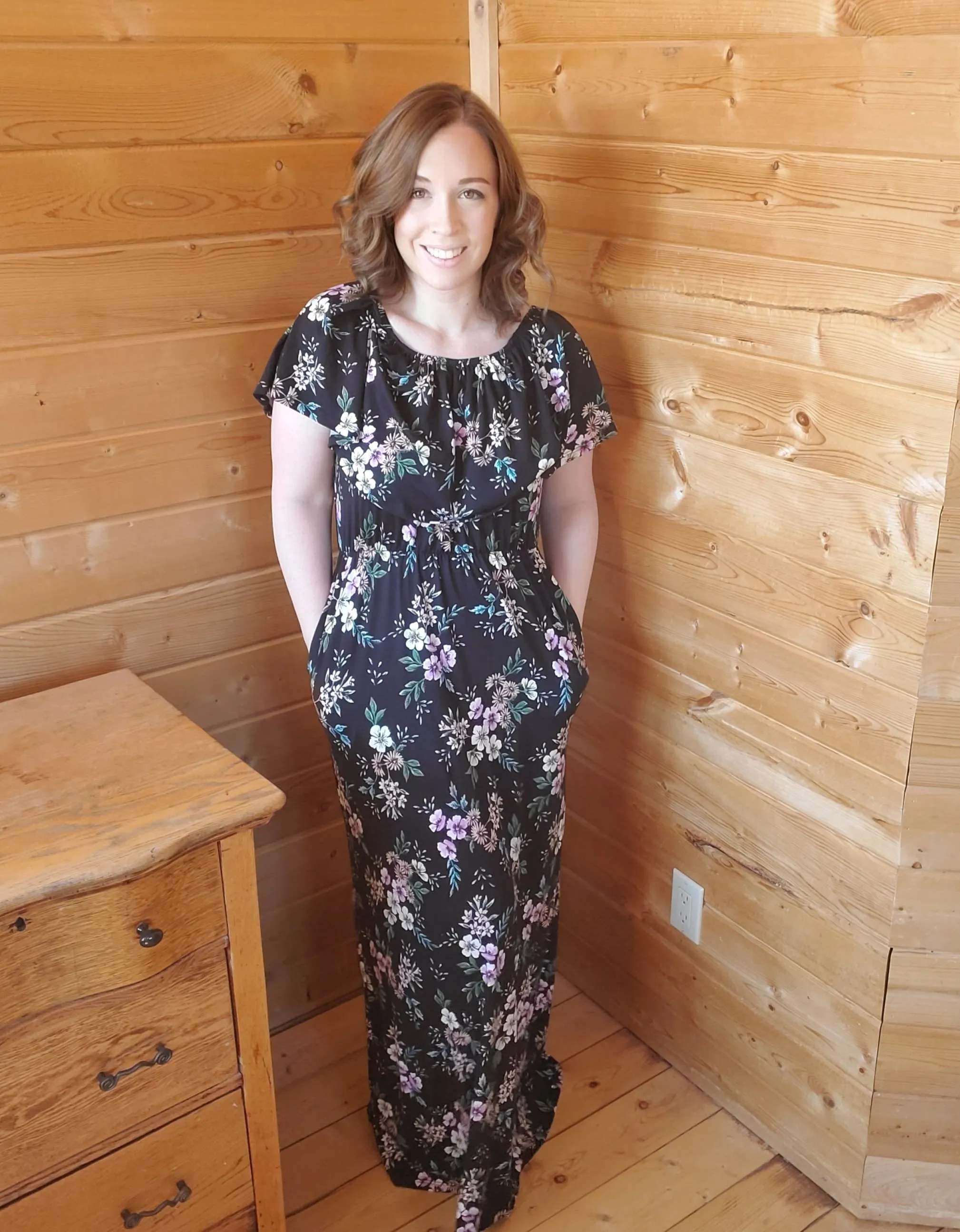 Black Floral Print Off-Shoulder Maxi Dress with Pockets