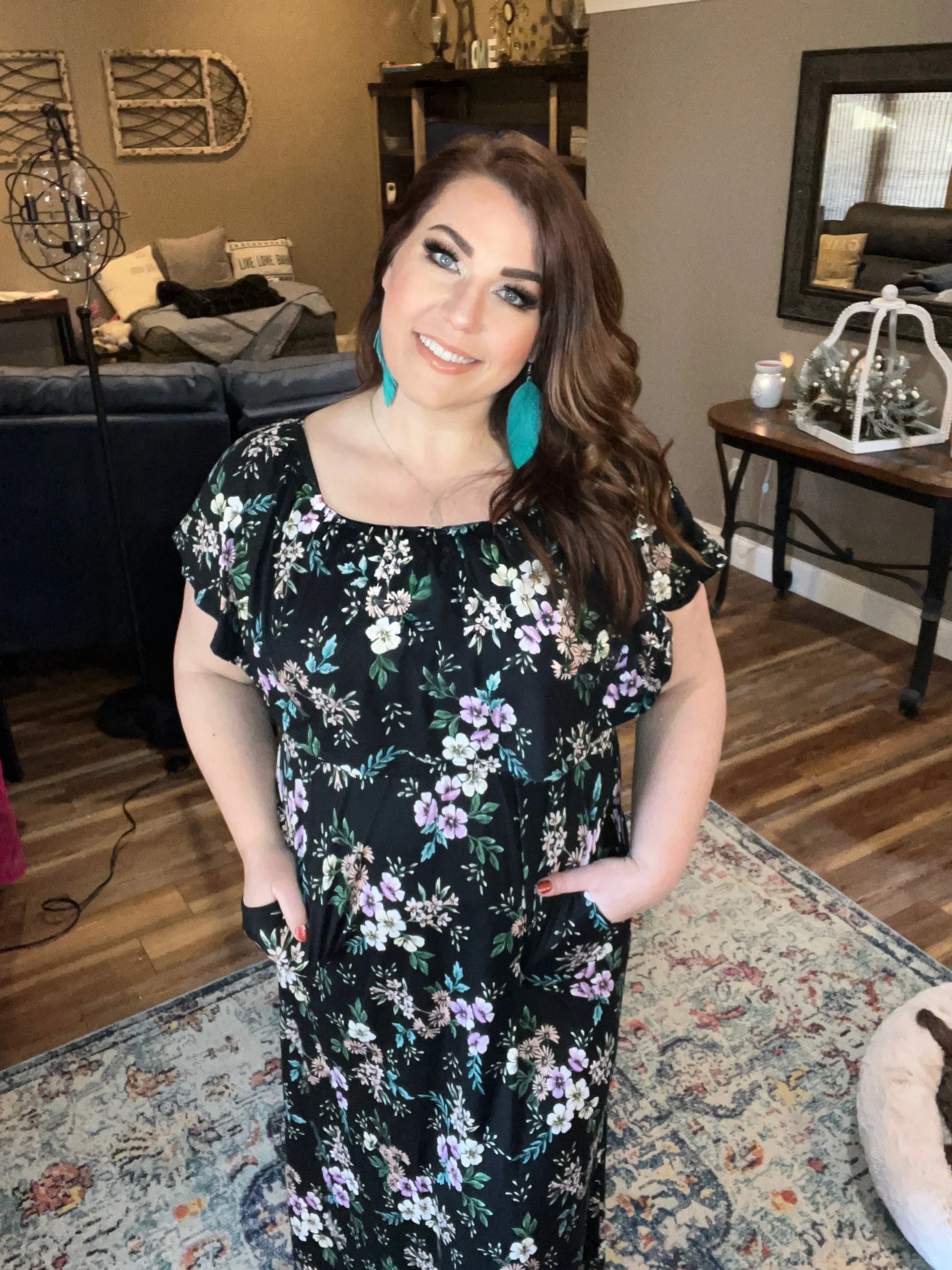 Black Floral Print Off-Shoulder Maxi Dress with Pockets
