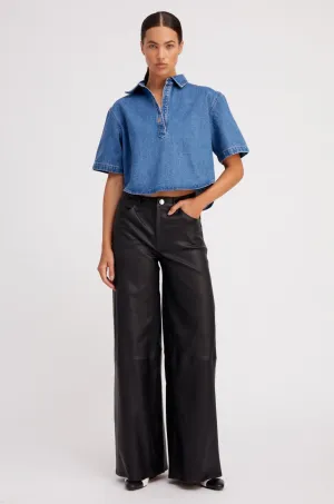 Black Leather 5 Pocket Wide Leg