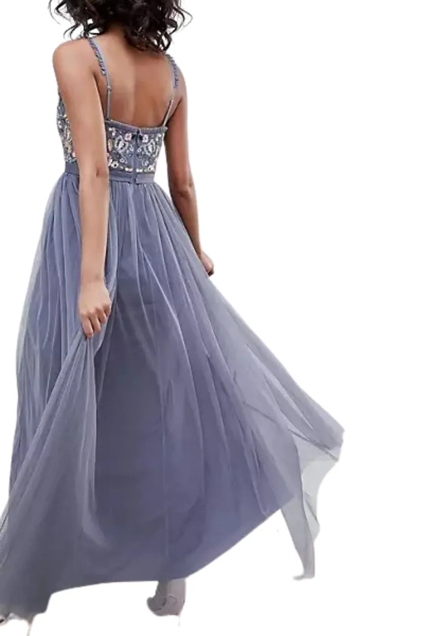 Blue Floral Embroidered Sleeveless Maxi Dress
