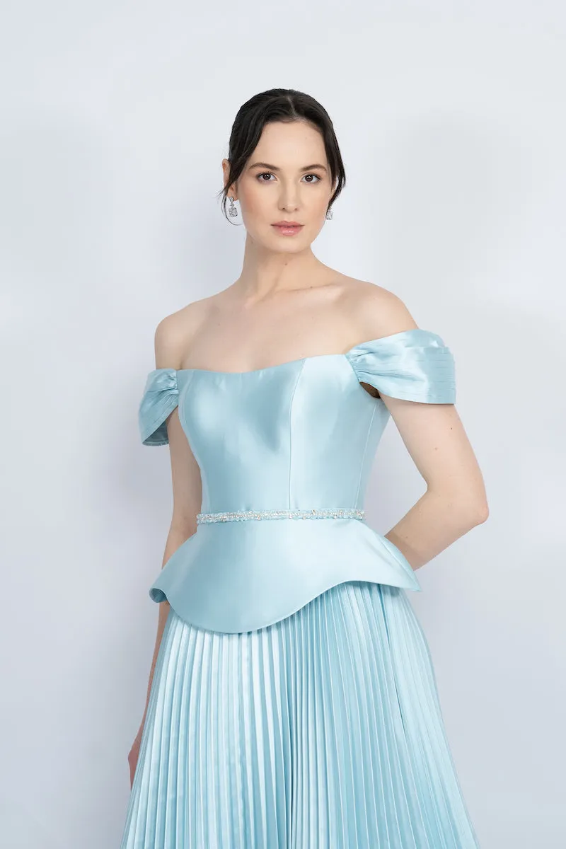 BLUE PEPLUM WAIST PLEATED SKIRT MAXI DRESS