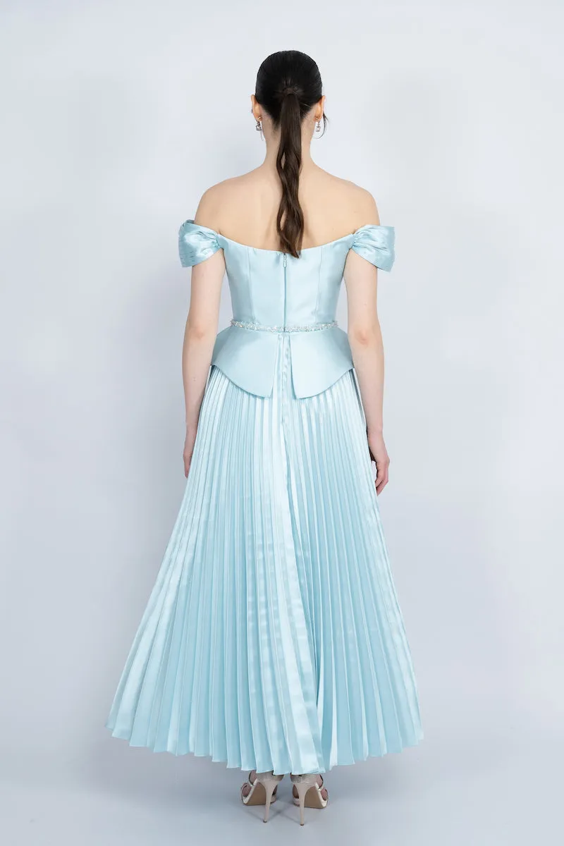 BLUE PEPLUM WAIST PLEATED SKIRT MAXI DRESS