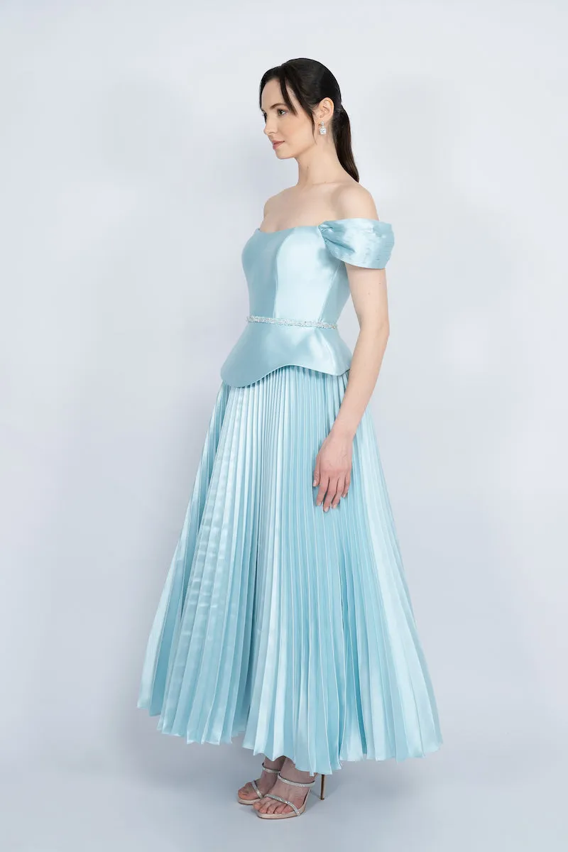 BLUE PEPLUM WAIST PLEATED SKIRT MAXI DRESS