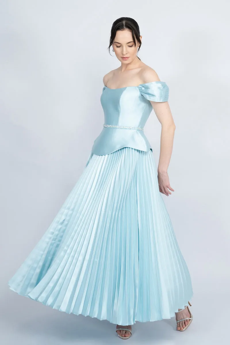 BLUE PEPLUM WAIST PLEATED SKIRT MAXI DRESS