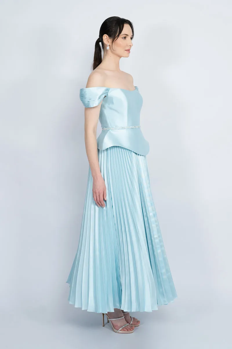 BLUE PEPLUM WAIST PLEATED SKIRT MAXI DRESS