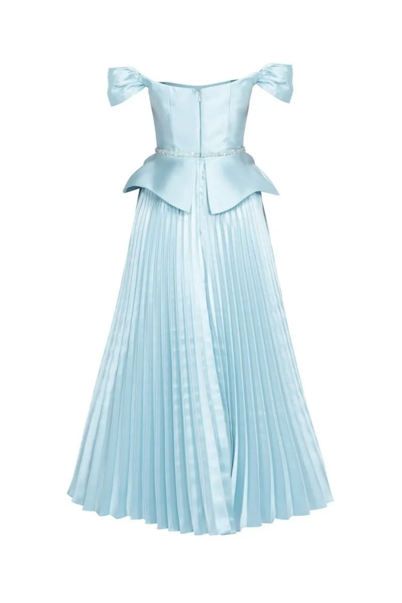 BLUE PEPLUM WAIST PLEATED SKIRT MAXI DRESS