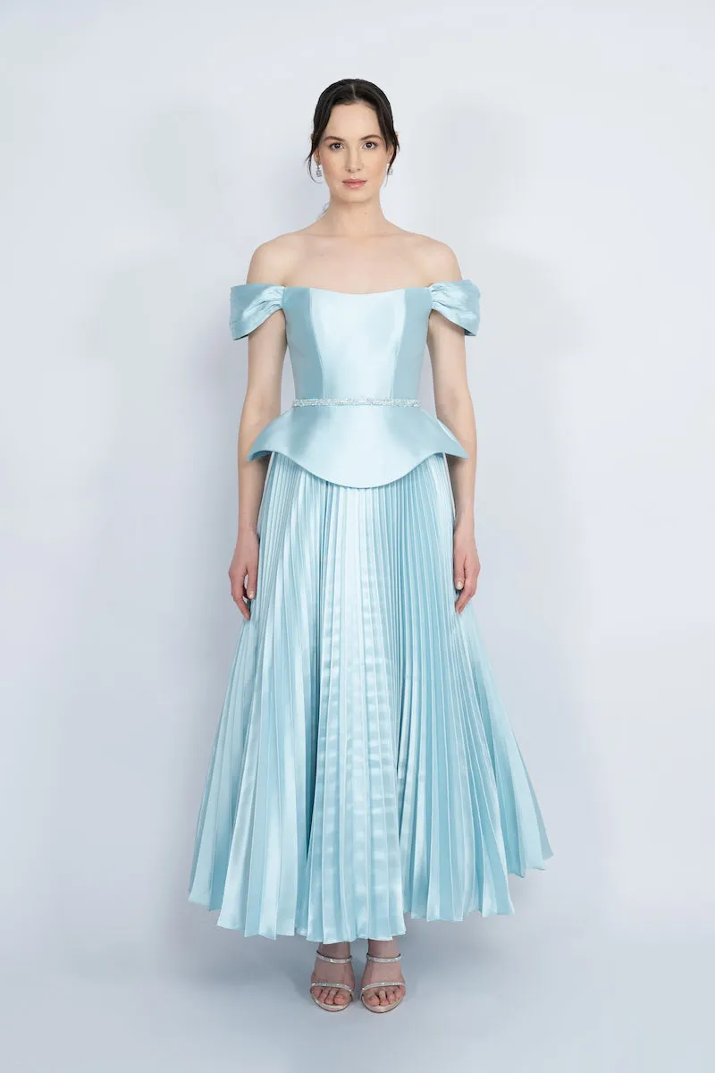 BLUE PEPLUM WAIST PLEATED SKIRT MAXI DRESS