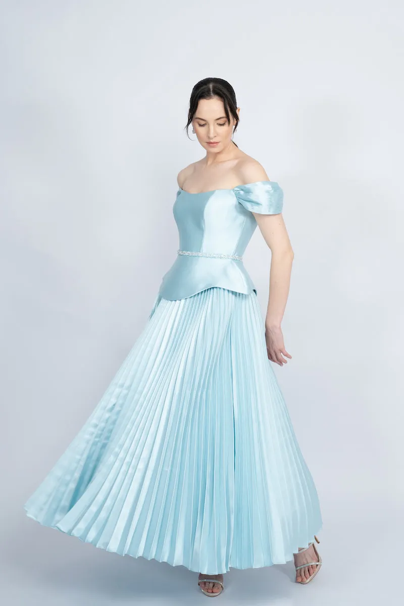 BLUE PEPLUM WAIST PLEATED SKIRT MAXI DRESS