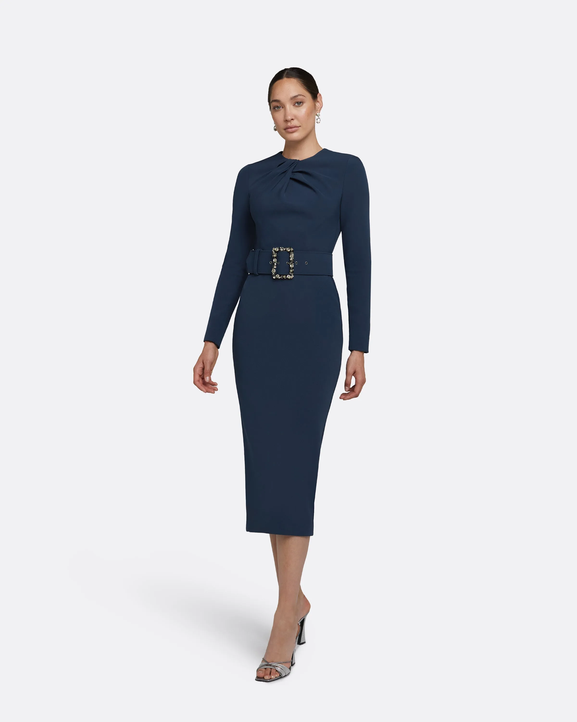 Brunna Ink Blue Midi Dress With Embroidered Belt