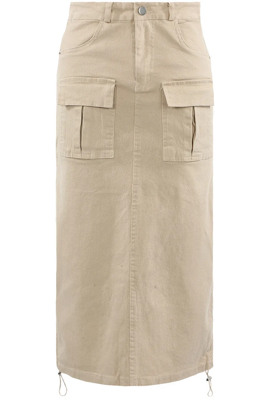 Cargo Ruched Midi Skirt - Beige