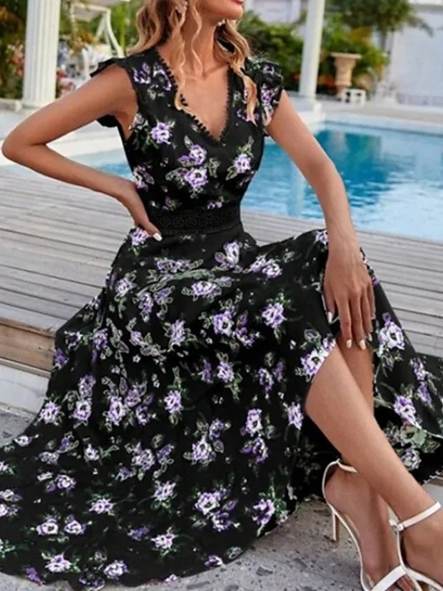 Casual Dress Swing Dress Long Dress Maxi Dress Black White Sleeveless Floral Print Spring Summer V Neck Casual  XS S M L XL for Women