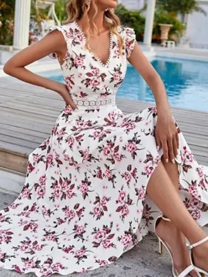 Casual Dress Swing Dress Long Dress Maxi Dress Black White Sleeveless Floral Print Spring Summer V Neck Casual  XS S M L XL for Women
