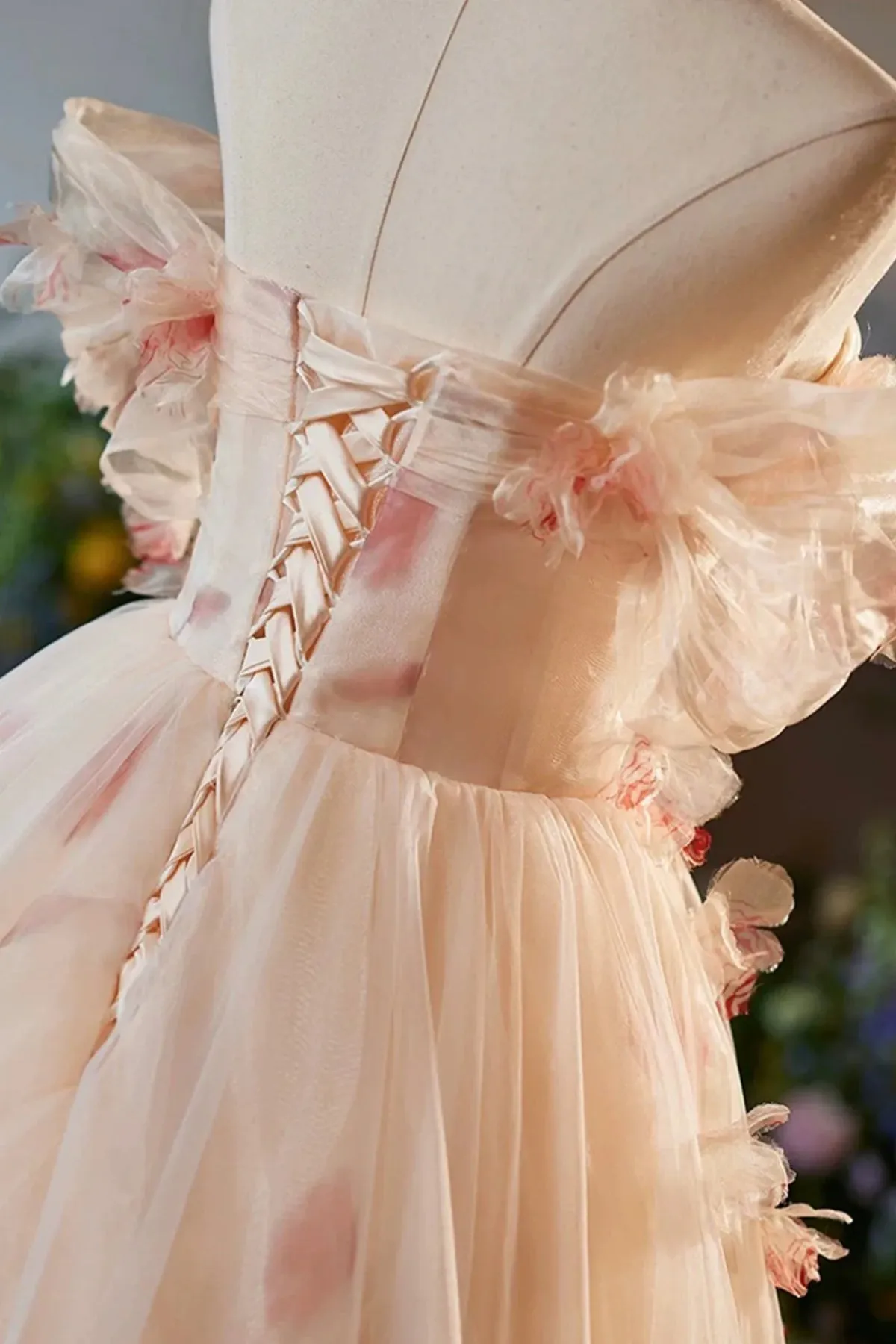 Champagne Off the Shoulder Tulle Floral Floor Length Long Prom Dresses