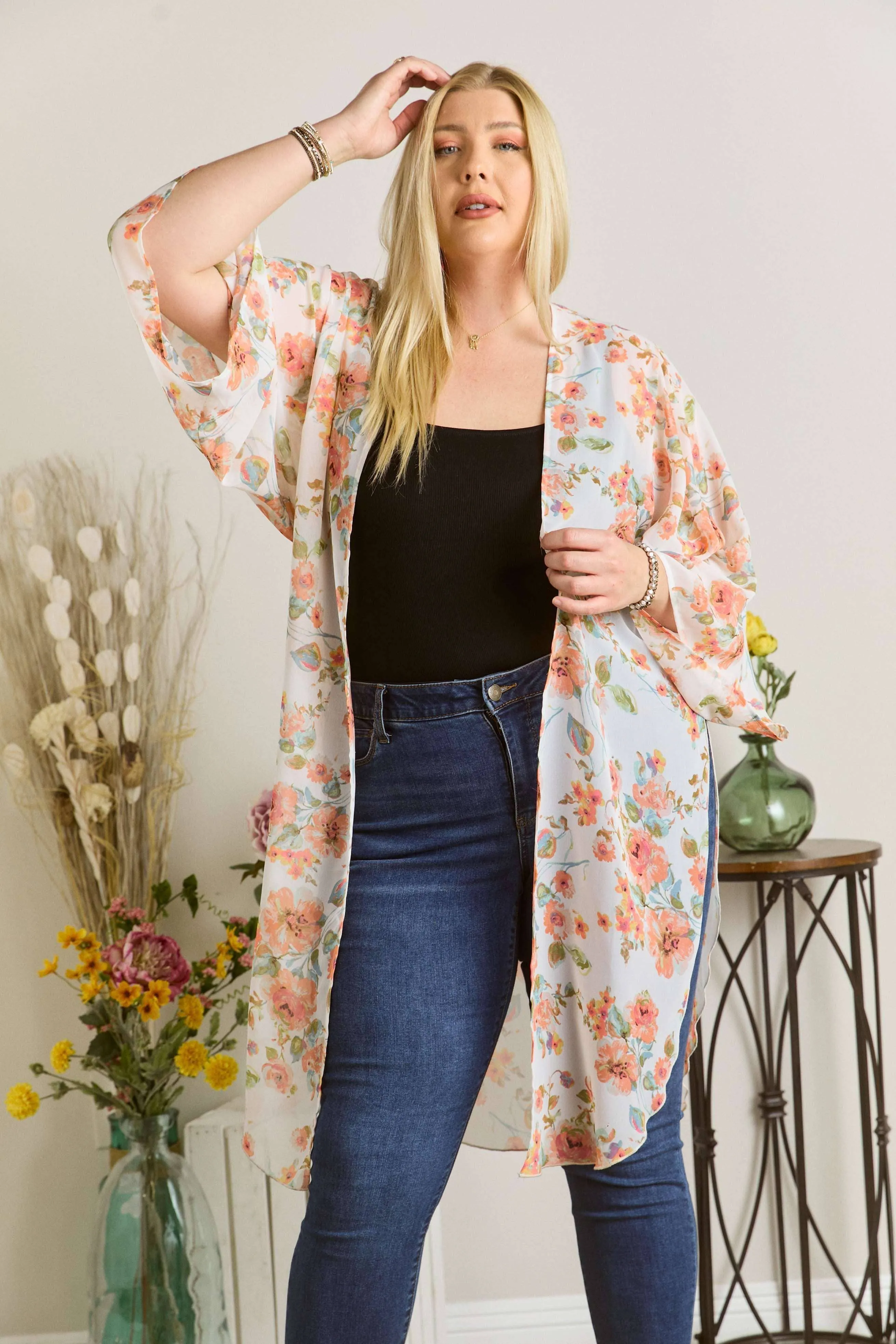 Chiffon Floral Print Kimono Cardigan with slits