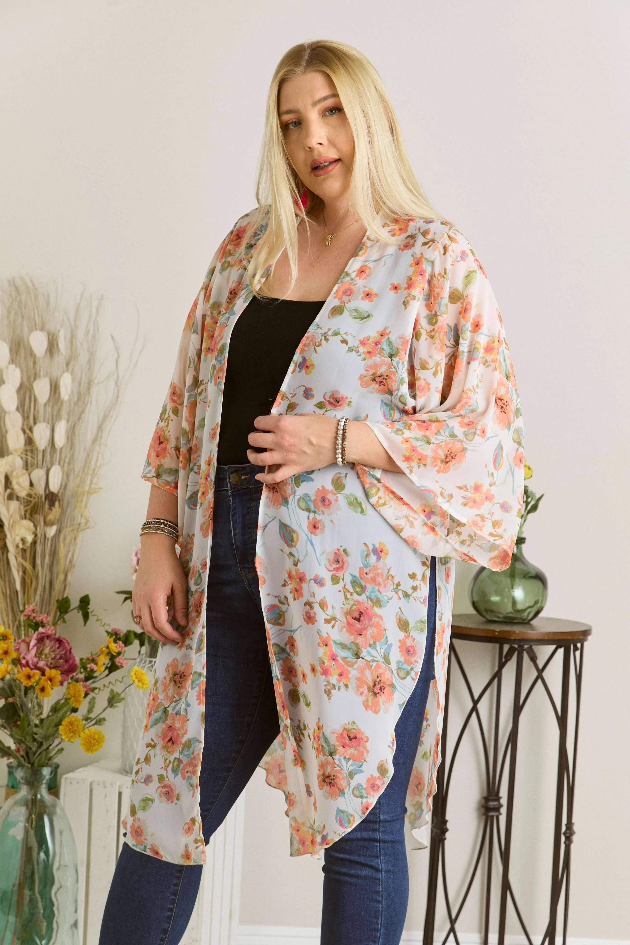 Chiffon Floral Print Kimono Cardigan with slits
