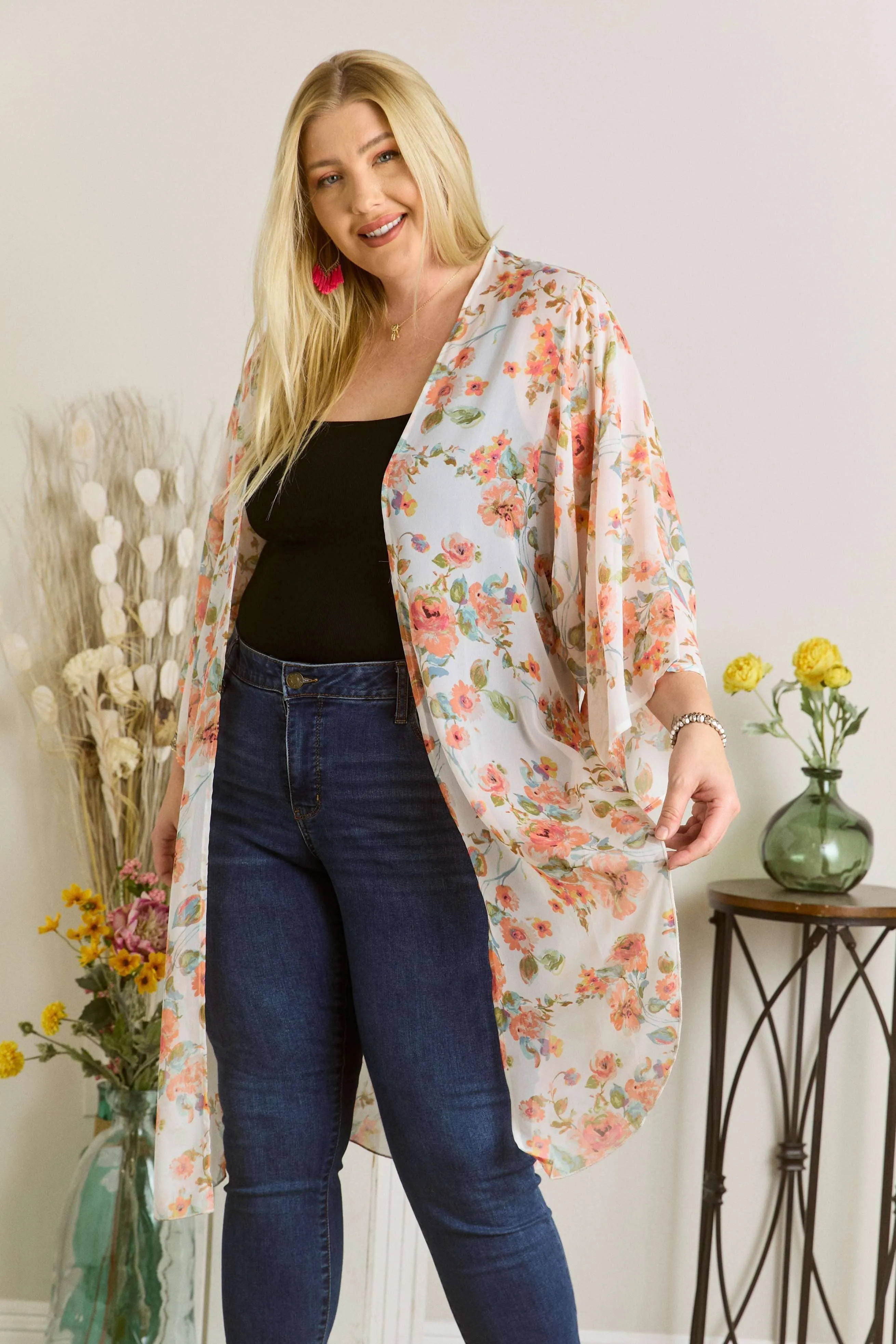 Chiffon Floral Print Kimono Cardigan with slits