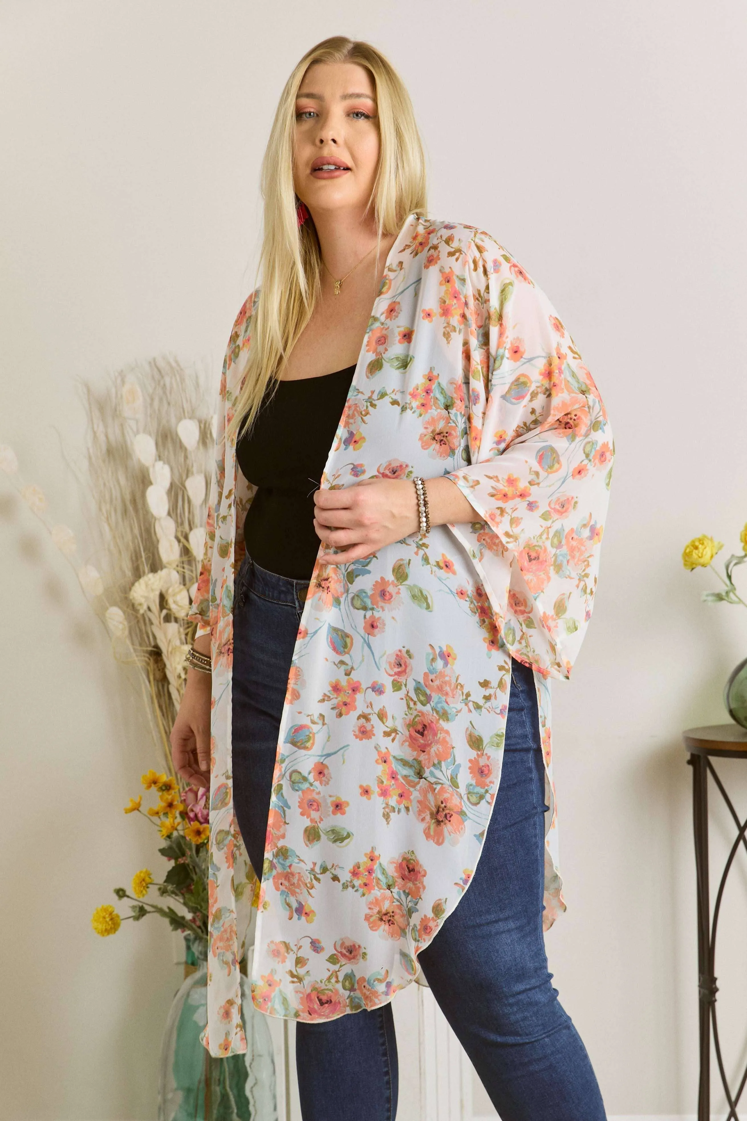 Chiffon Floral Print Kimono Cardigan with slits