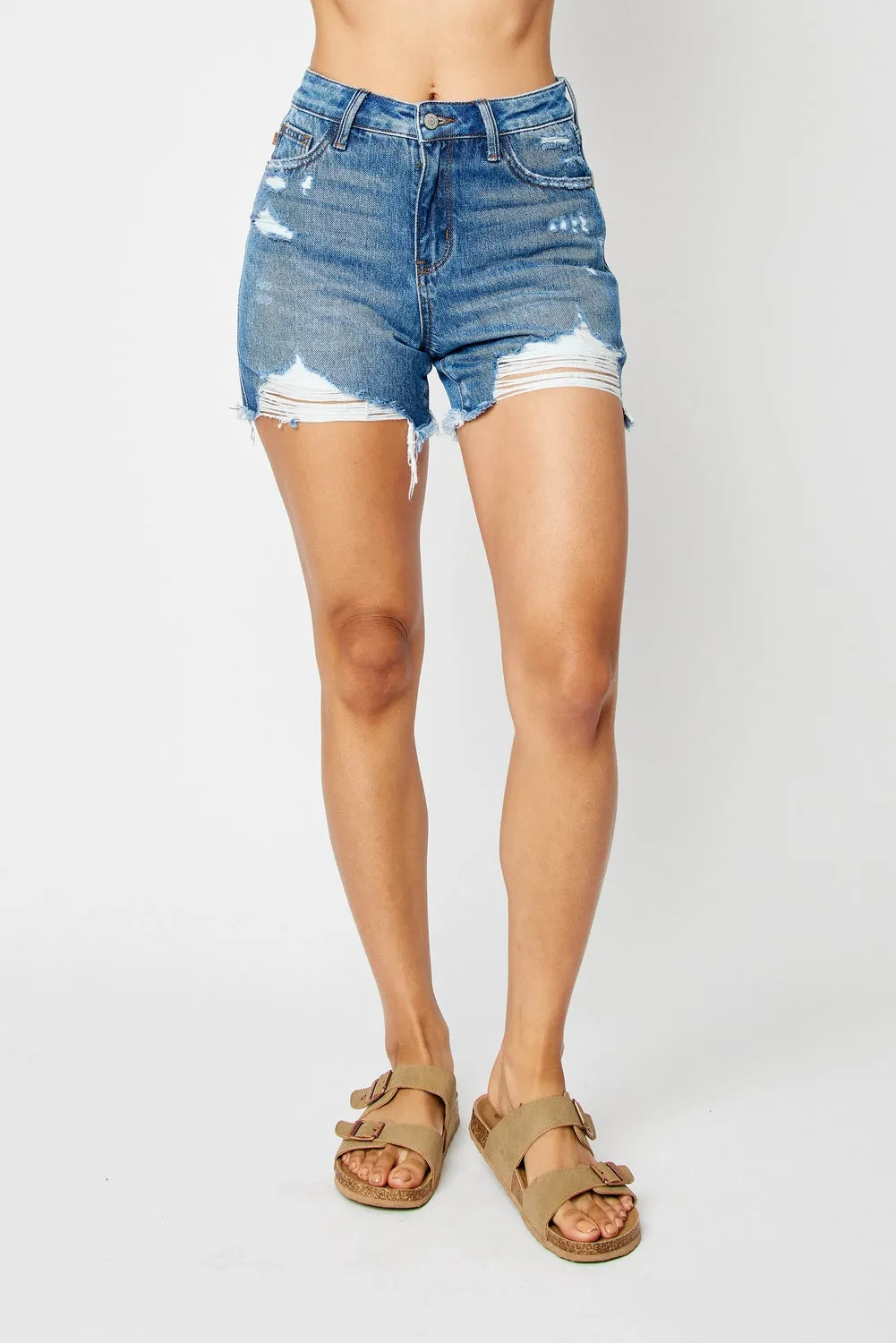 Danielle High Rise Rigid Magic Ripped & Fray Hem Shorts - PLUS