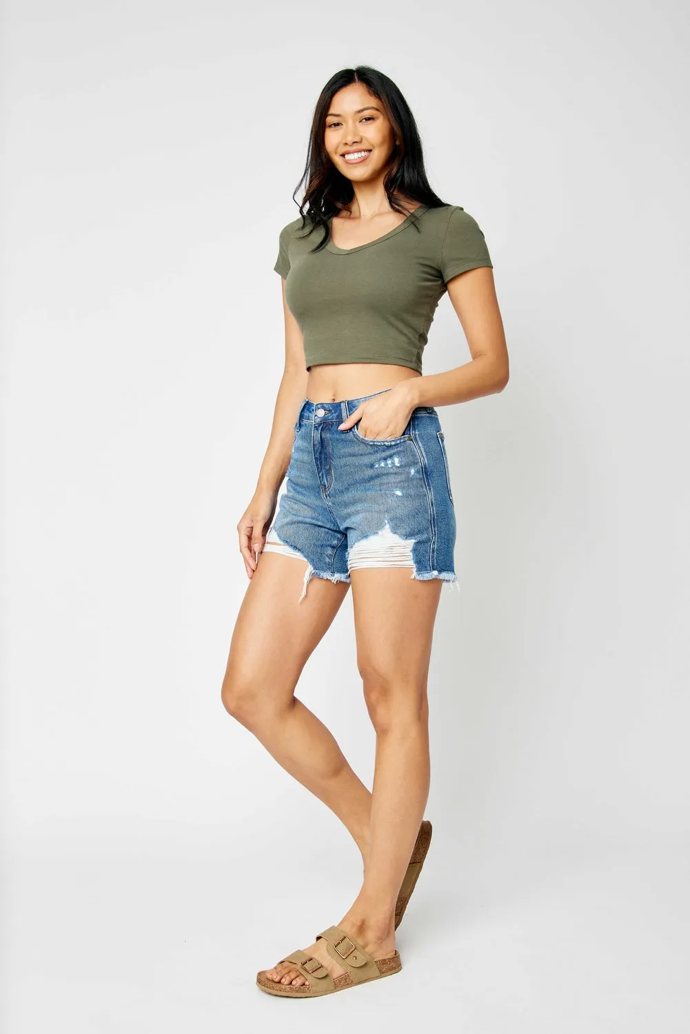 Danielle High Rise Rigid Magic Ripped & Fray Hem Shorts - PLUS
