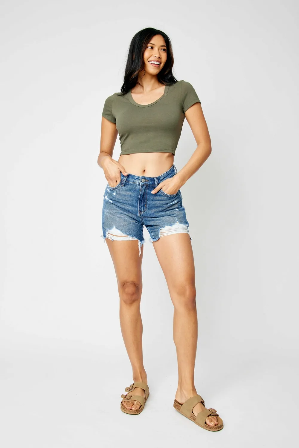 Danielle High Rise Rigid Magic Ripped & Fray Hem Shorts - PLUS