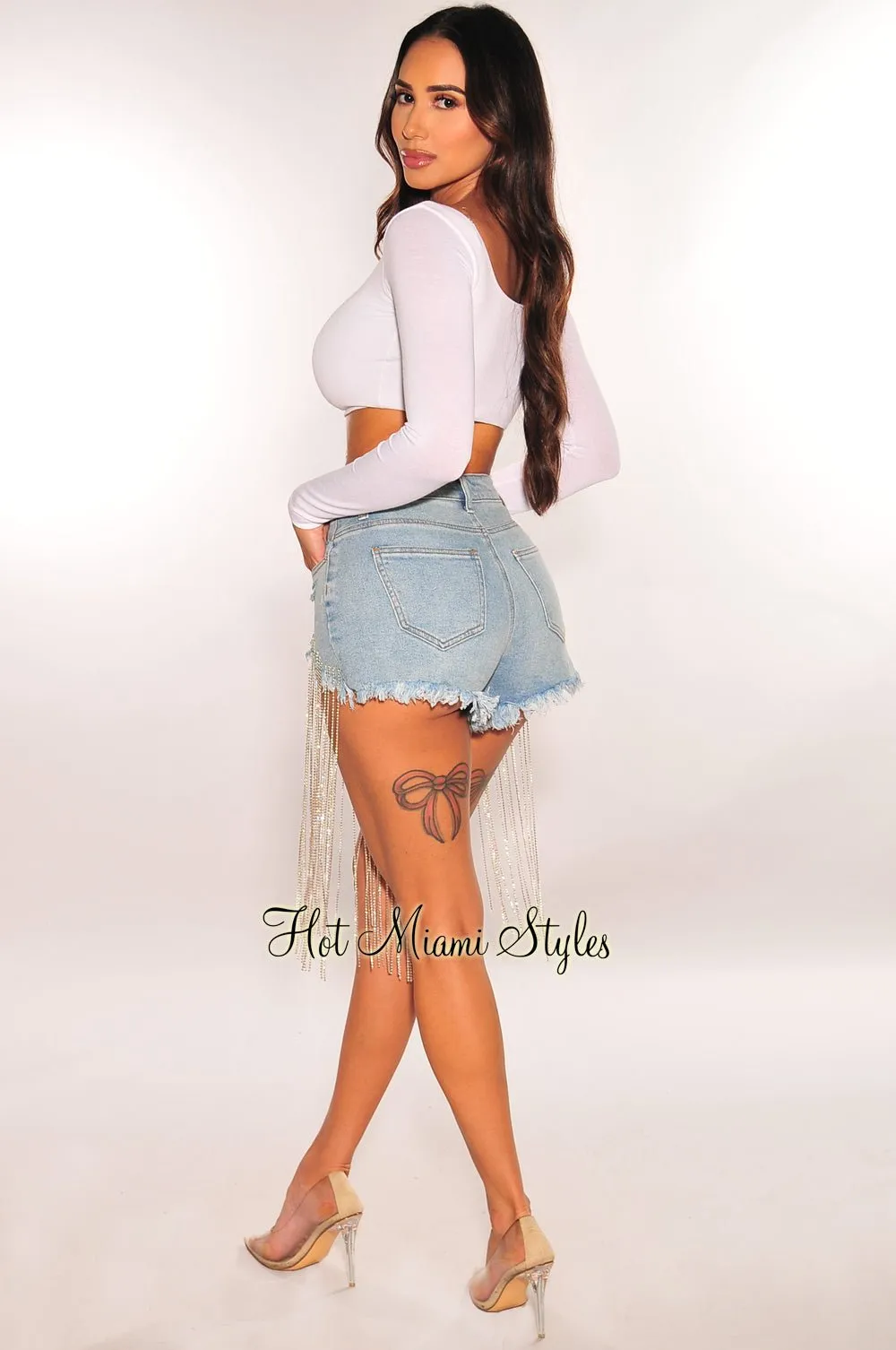 Denim Distressed Rhinestone Fringe Shorts