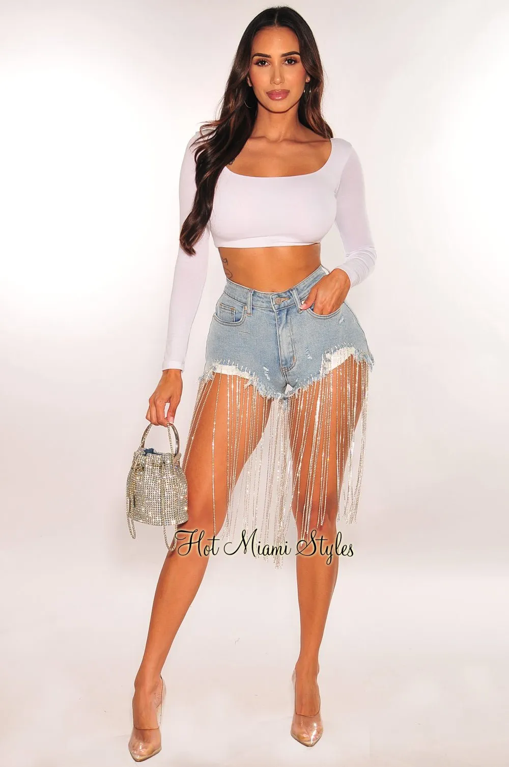 Denim Distressed Rhinestone Fringe Shorts