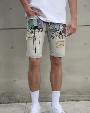 Distressed Graffiti Painted Blue Denim Shorts-Mexico Local Delivery