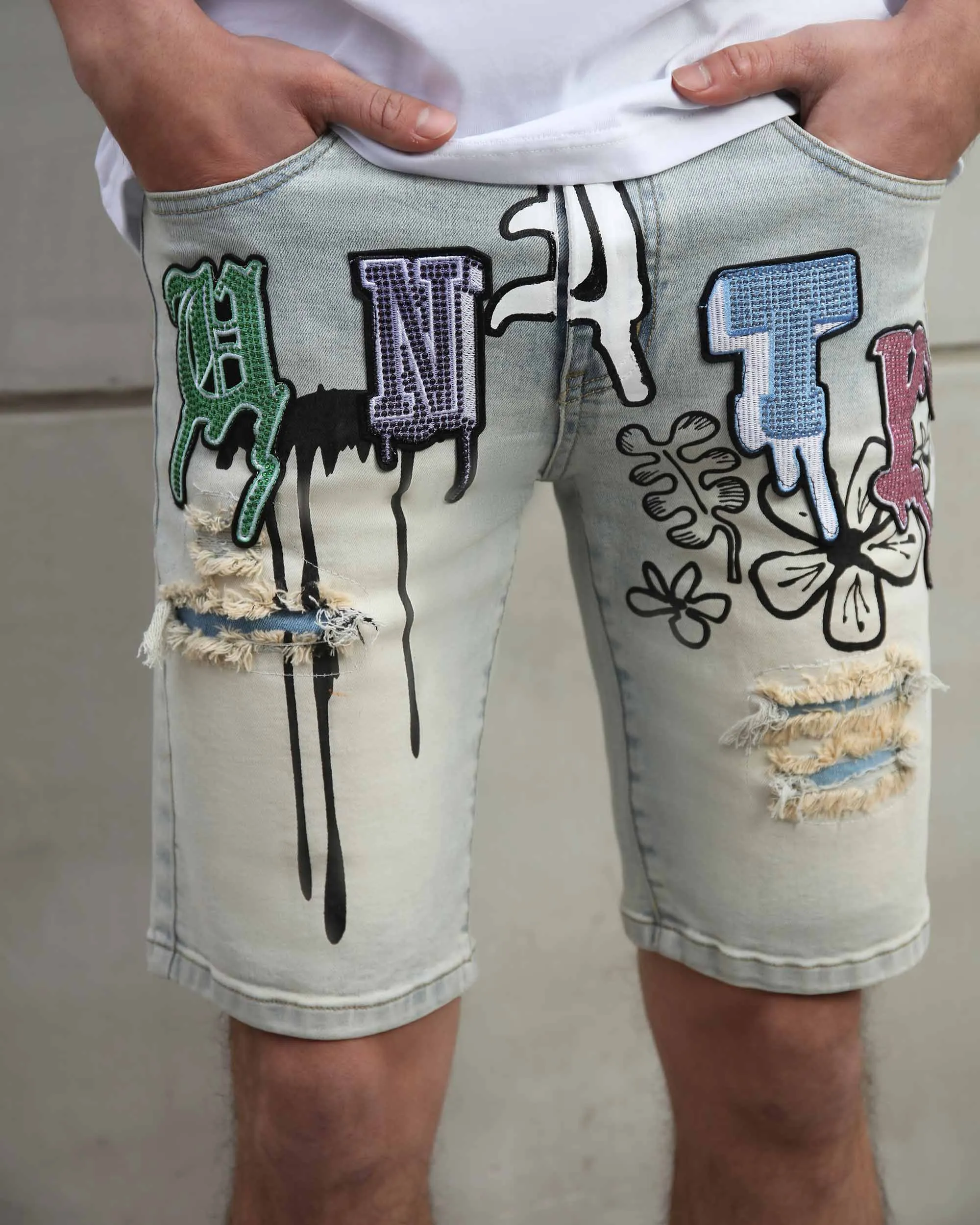 Distressed Graffiti Painted Blue Denim Shorts-Mexico Local Delivery