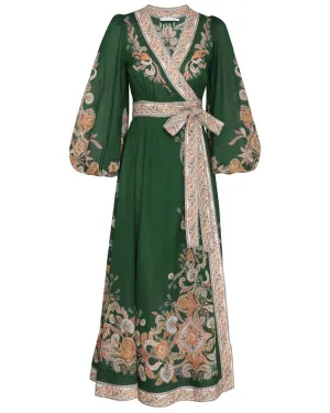 Emerald Paisley Devi Wrap Midi Dress