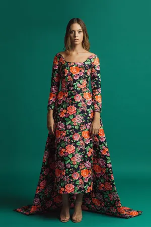 Floral Column Midi Dress with Train